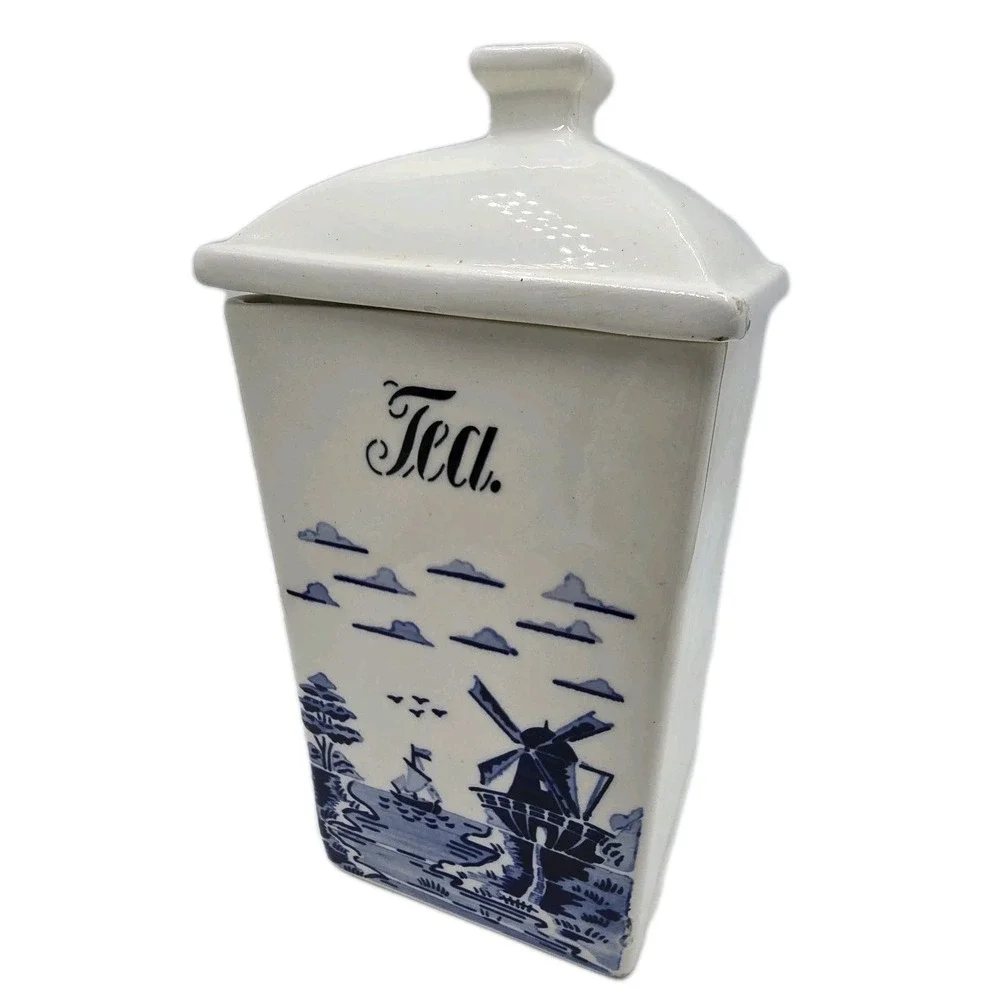 Vtg‎ TEA Blue White Delft Dutch Windmill Tea Canister 1940s Germany GUC With Lid